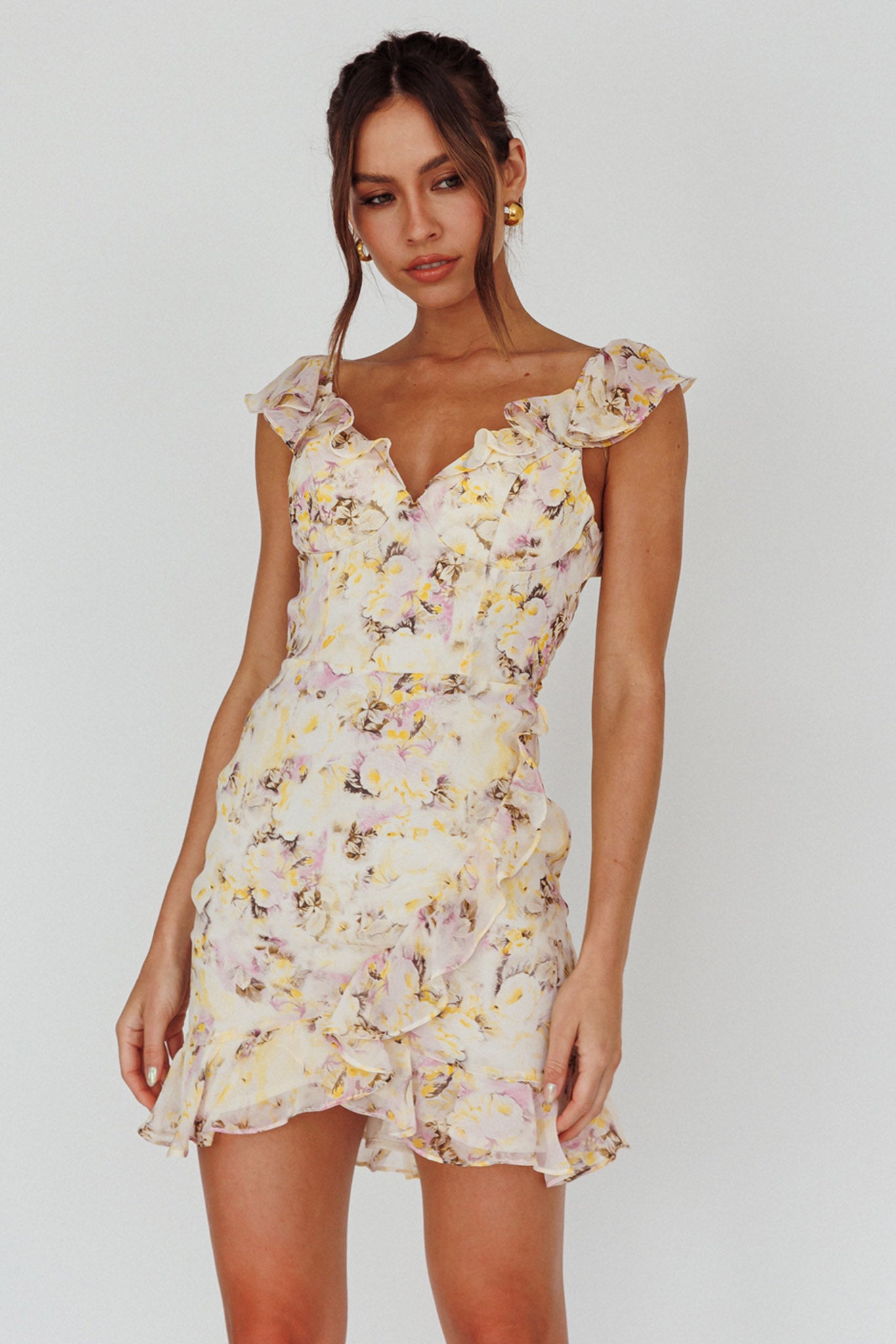 Make Memories Frill Strap Mini Dress Floral Yellow by Selfie Leslie Australia