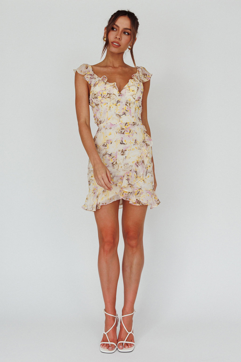 Make Memories Frill Strap Mini Dress Floral Yellow by Selfie Leslie Australia