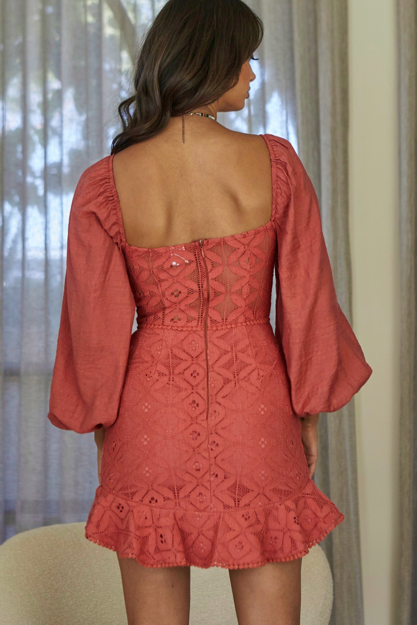 Make Memories Balloon Sleeve Molded Bust Lace Dress Rose by Selfie Leslie