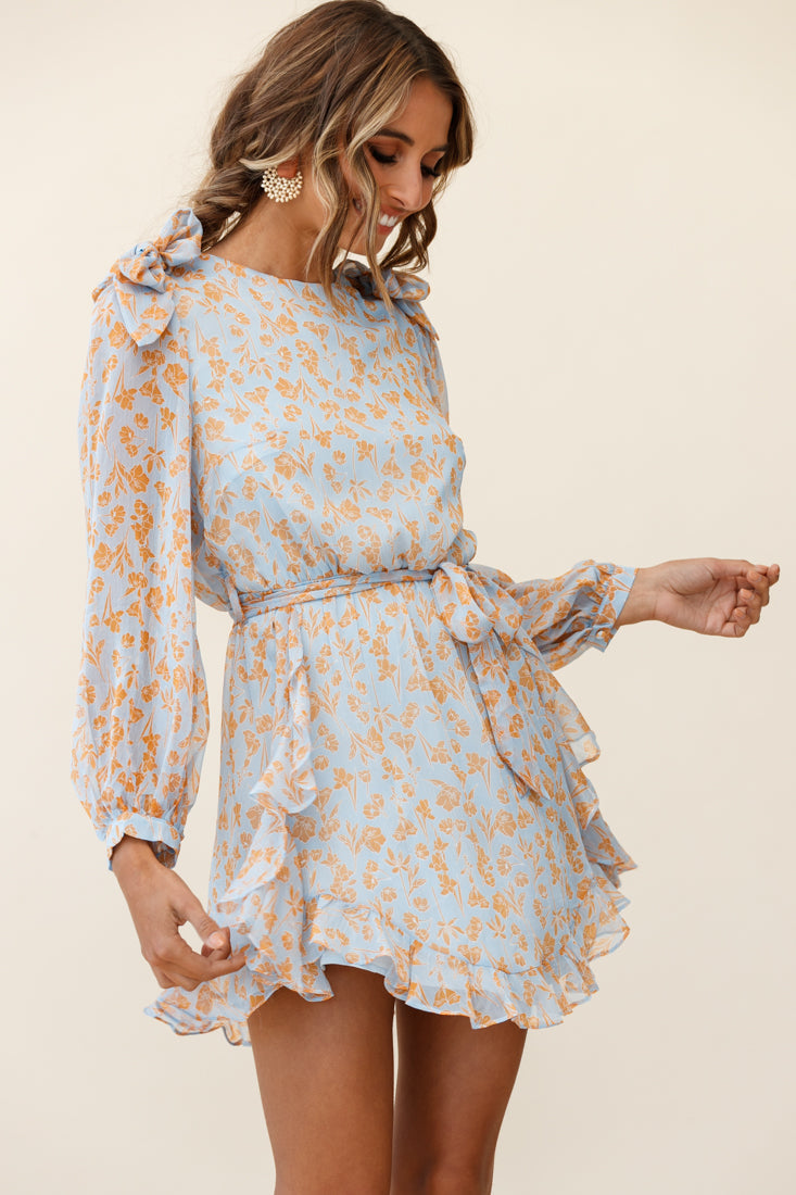 Leigh Long Sleeve Waist Tie Dress Floral Print Blue/Orange by Selfie Leslie