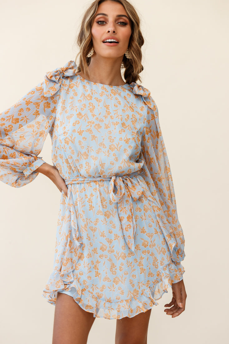 Leigh Long Sleeve Waist Tie Dress Floral Print Blue/Orange by Selfie Leslie