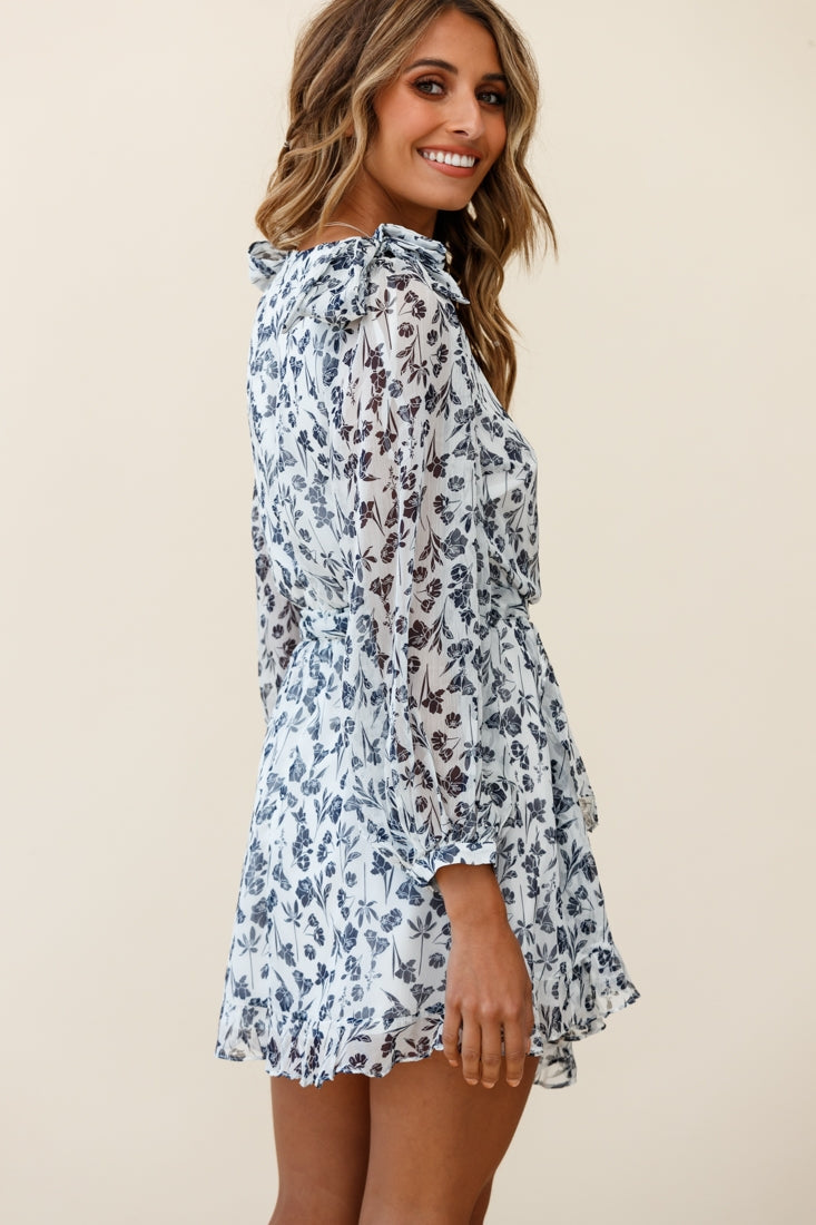 Leigh Long Sleeve Waist Tie Dress Floral Print Navy/White by Selfie Leslie