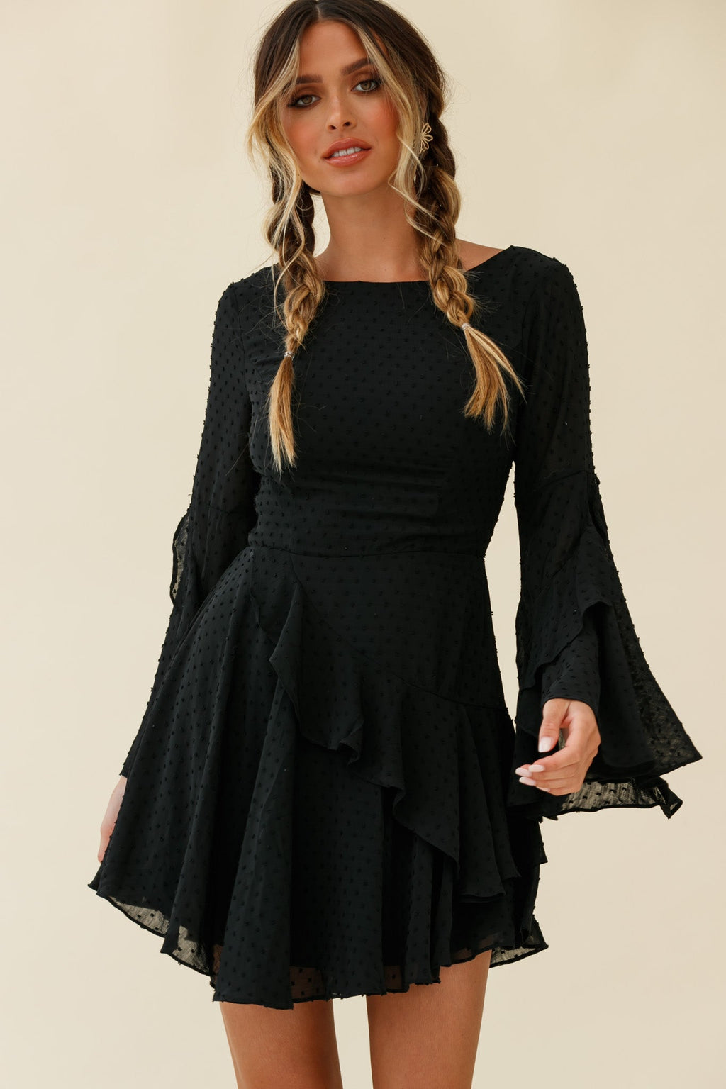 Carlini Flared Sleeve Boat Neckline Dress Black by Selfie Leslie