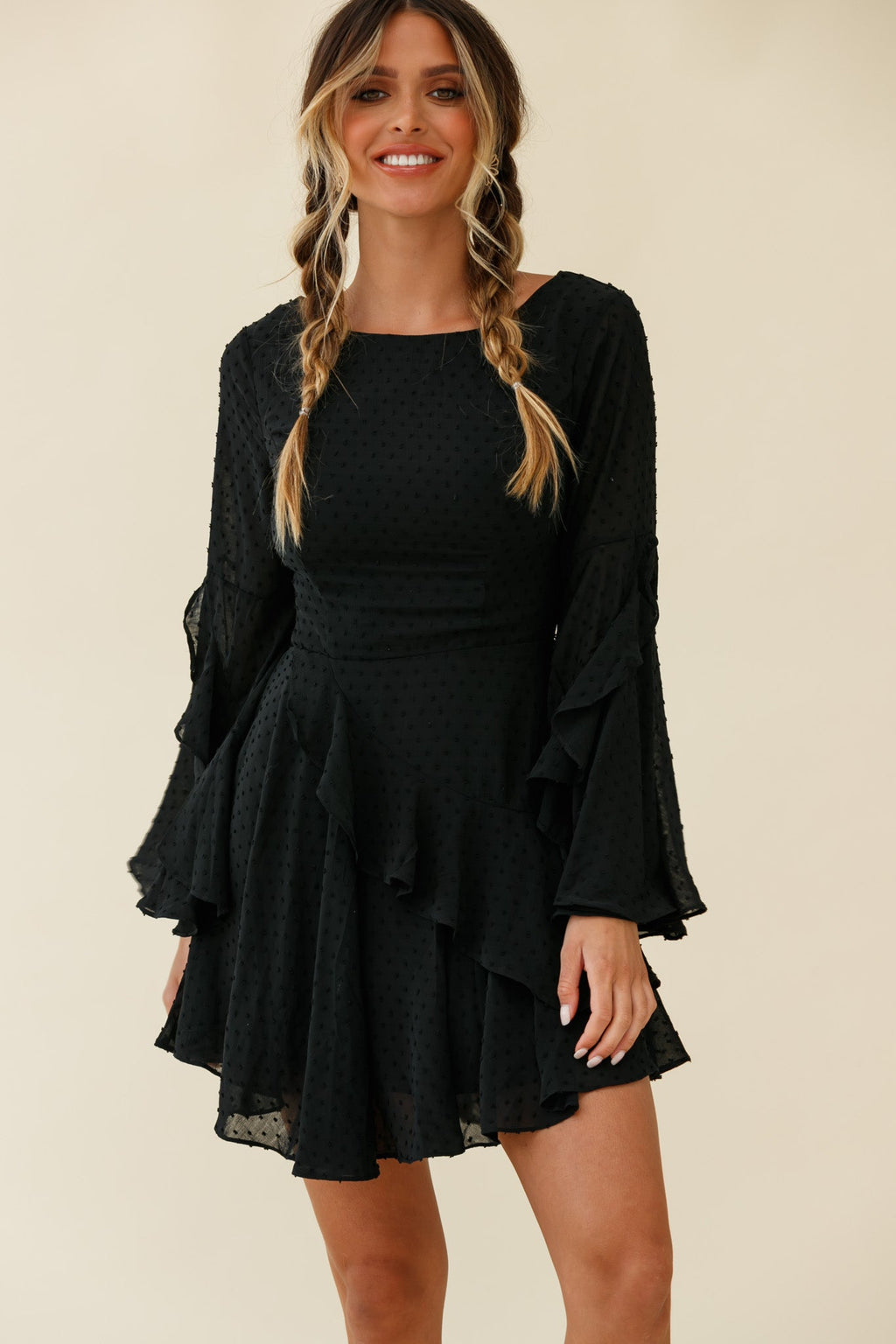 Carlini Flared Sleeve Boat Neckline Dress Black by Selfie Leslie