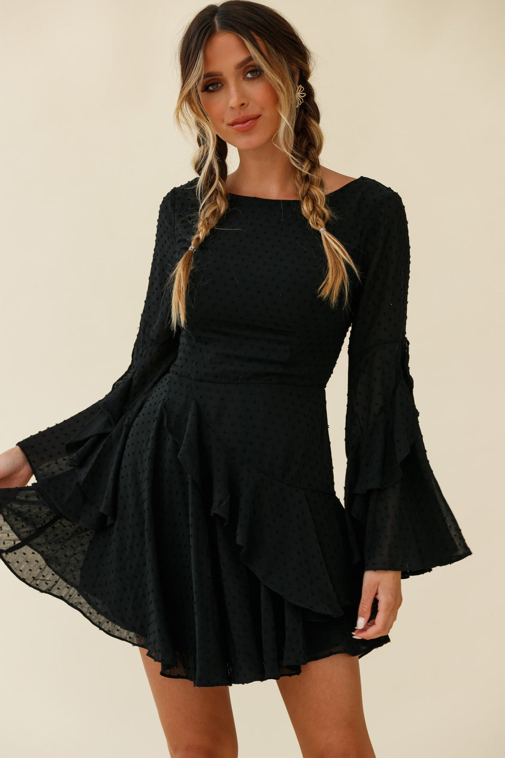 Carlini Flared Sleeve Boat Neckline Dress Black by Selfie Leslie