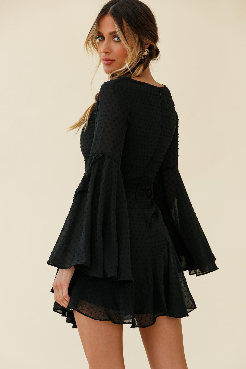 Carlini Flared Sleeve Boat Neckline Dress Black by Selfie Leslie