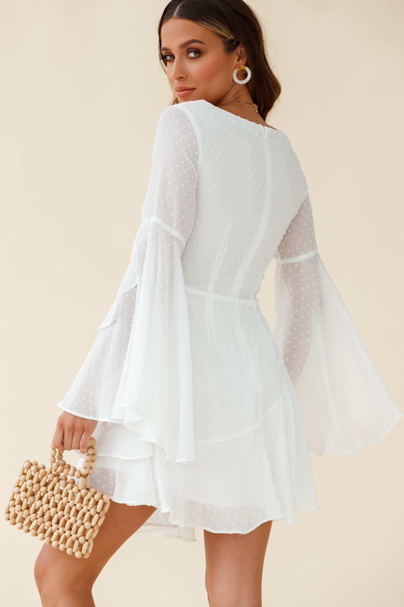 Carlini Flared Sleeve Boat Neckline Dress White by Selfie Leslie