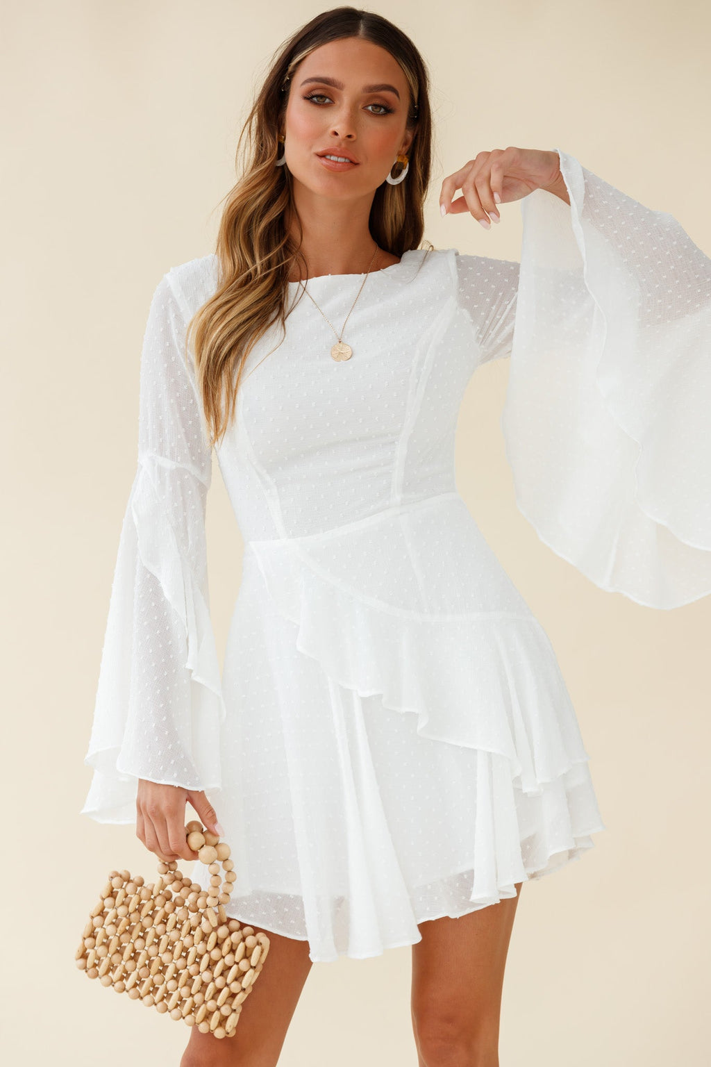 Carlini Flared Sleeve Boat Neckline Dress White by Selfie Leslie