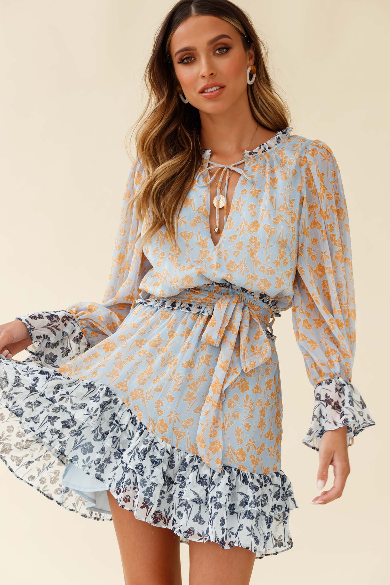 Prague Long Sleeve Ruffle Hem Dress Floral Print Blue/Orange Multi by Selfie Leslie