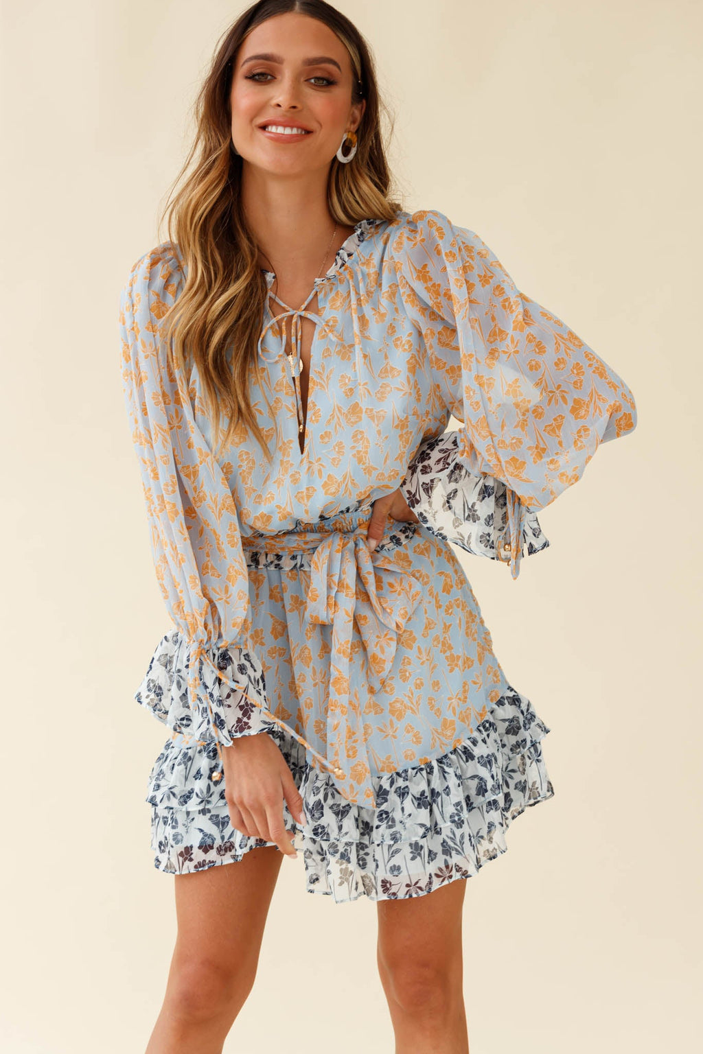 Prague Long Sleeve Ruffle Hem Dress Floral Print Blue/Orange Multi by Selfie Leslie