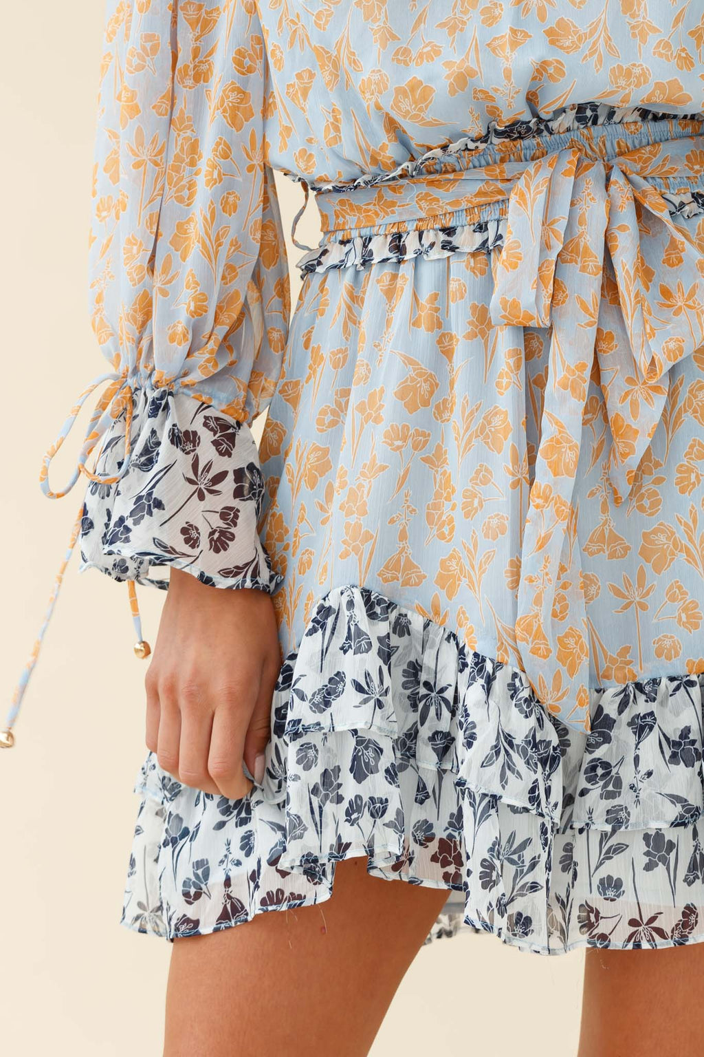 Prague Long Sleeve Ruffle Hem Dress Floral Print Blue/Orange Multi by Selfie Leslie