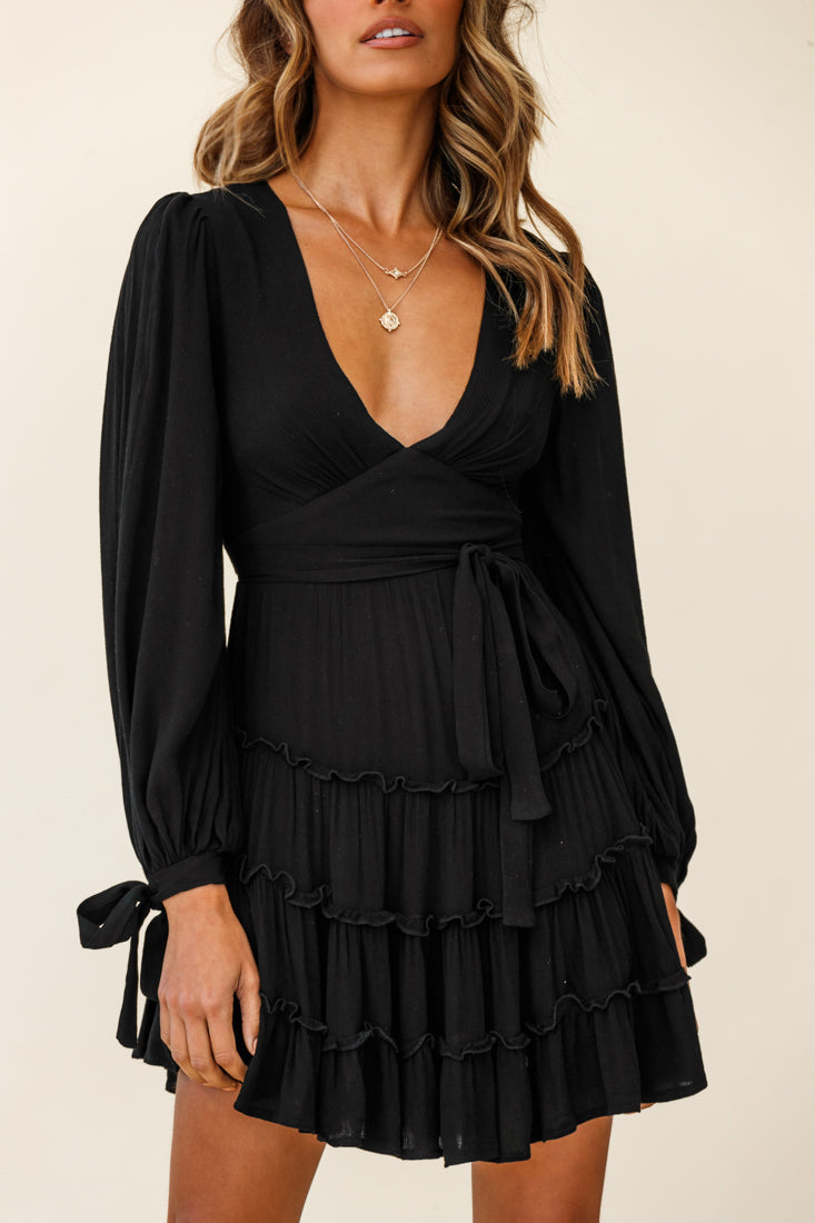 Jocelyn Long Sleeve Tied Cuff Frill Dress Black by Selfie Leslie