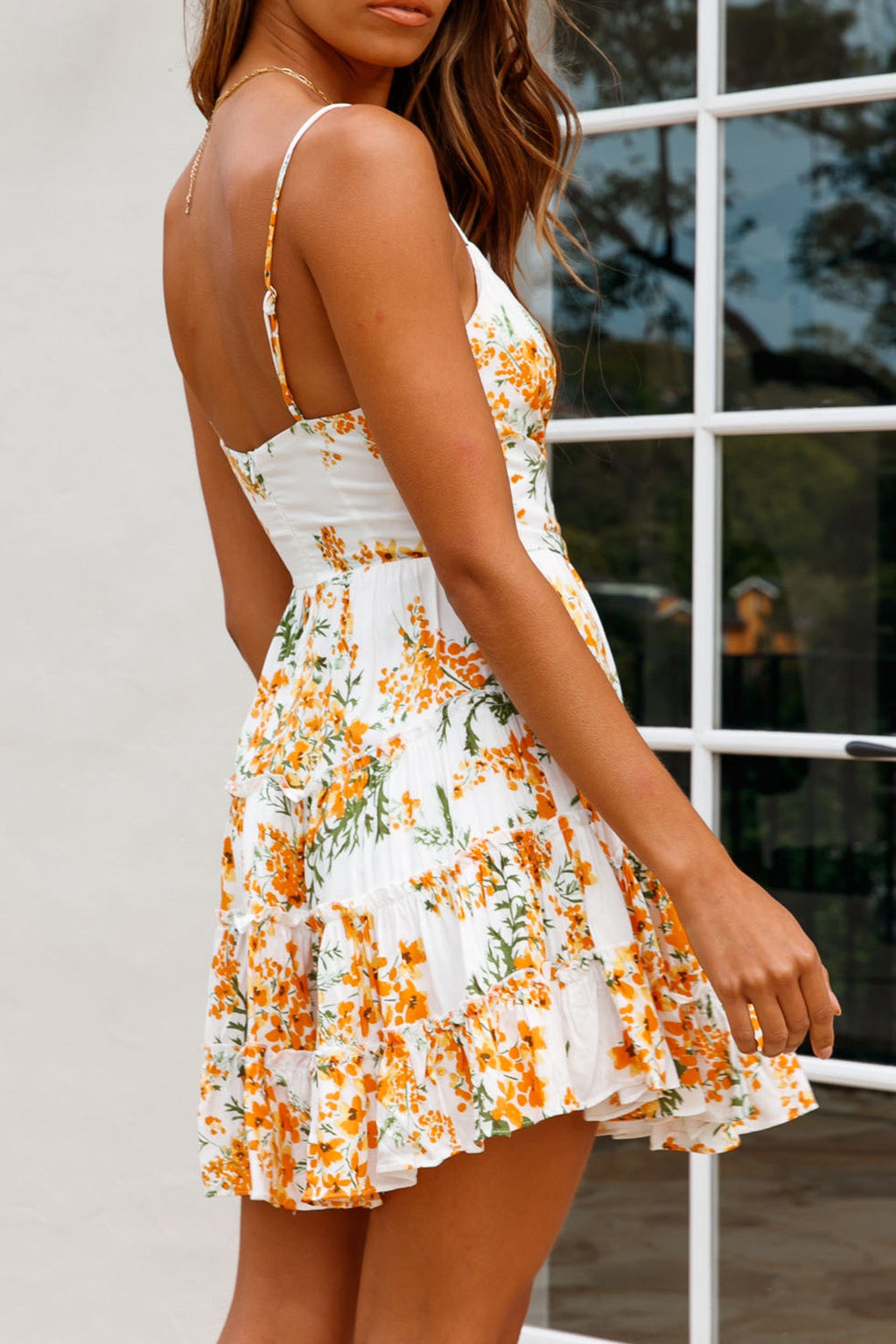 Jocelyn Cami Strap Waist Tie Frill Dress Floral Print Orange Multi by Selfie Leslie