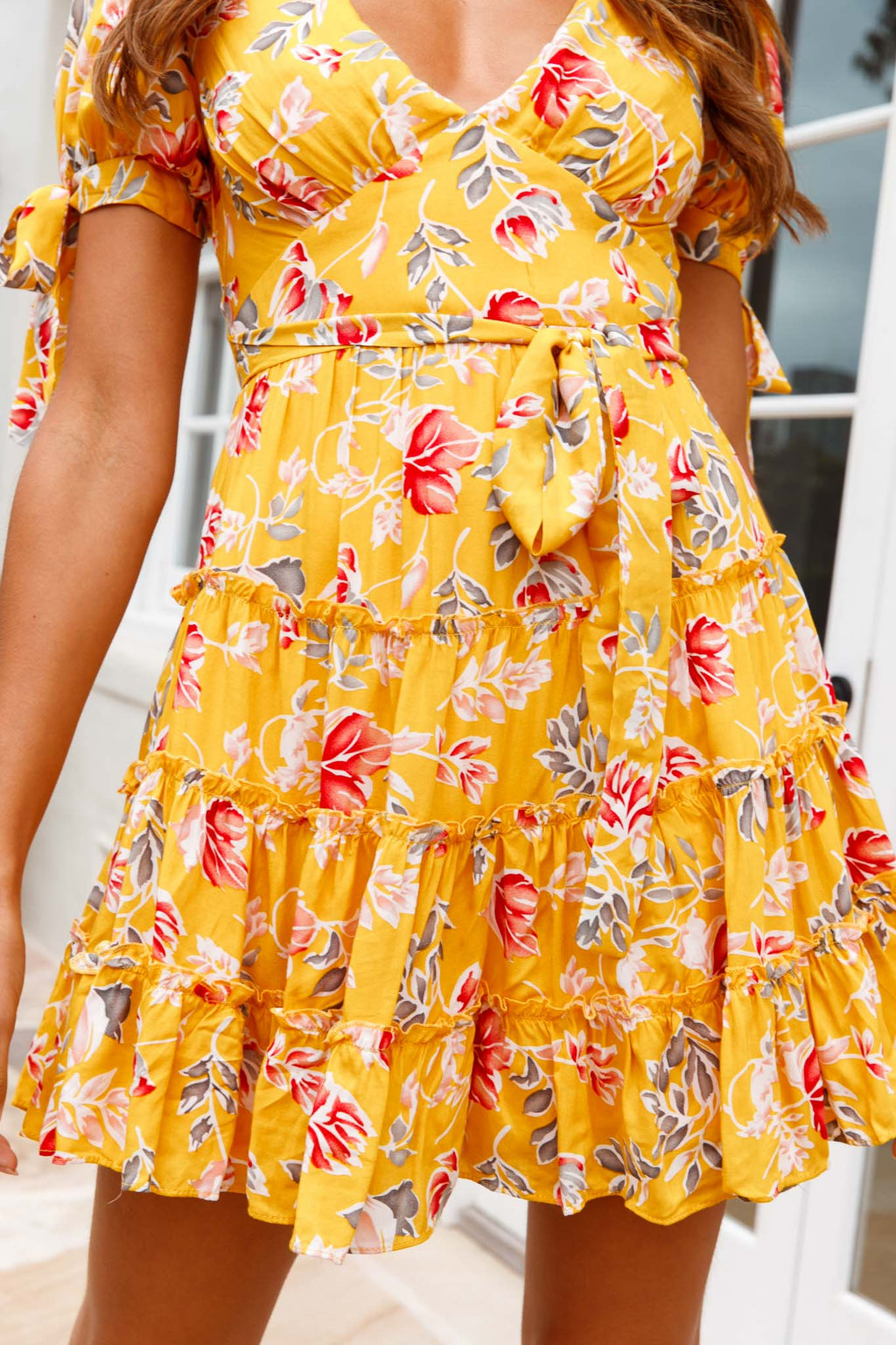 Jocelyn Short Sleeve Tied Cuff Layered Ruffle Dress Floral Print Mustard by Selfie Leslie