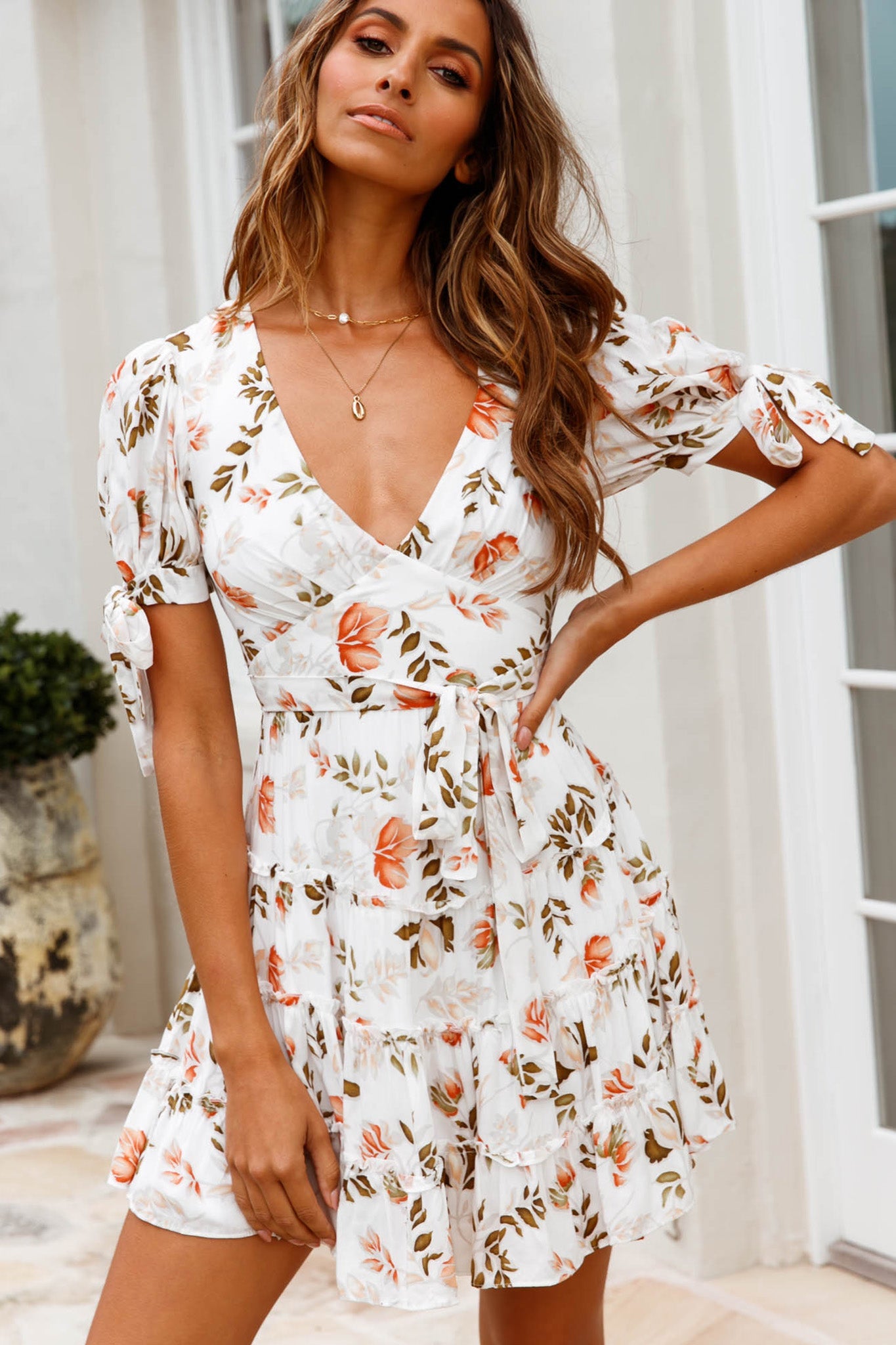 Jocelyn Short Sleeve Tied Cuff Layered Ruffle Dress Floral Print White by Selfie Leslie
