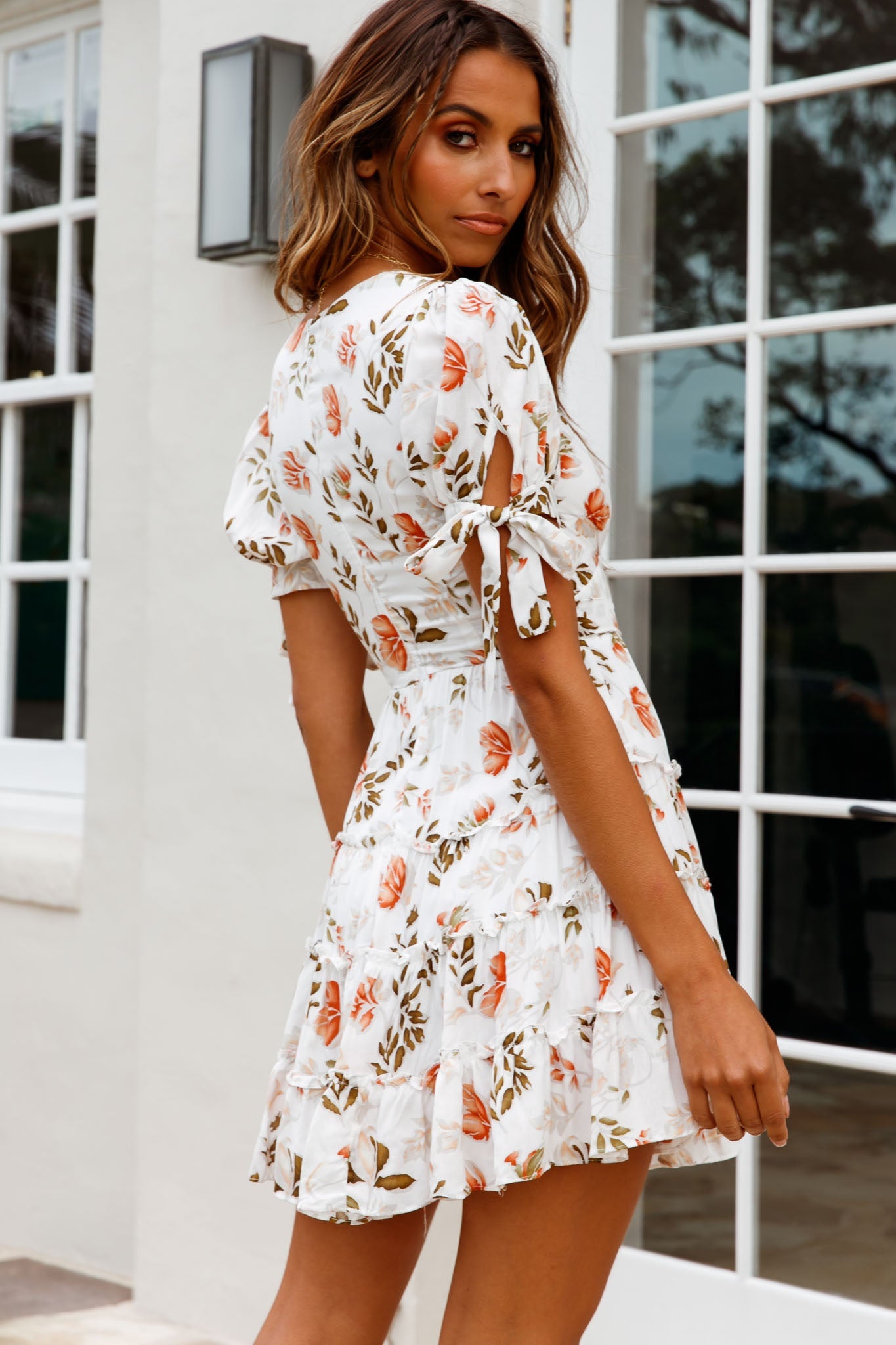 Jocelyn Short Sleeve Tied Cuff Layered Ruffle Dress Floral Print White by Selfie Leslie