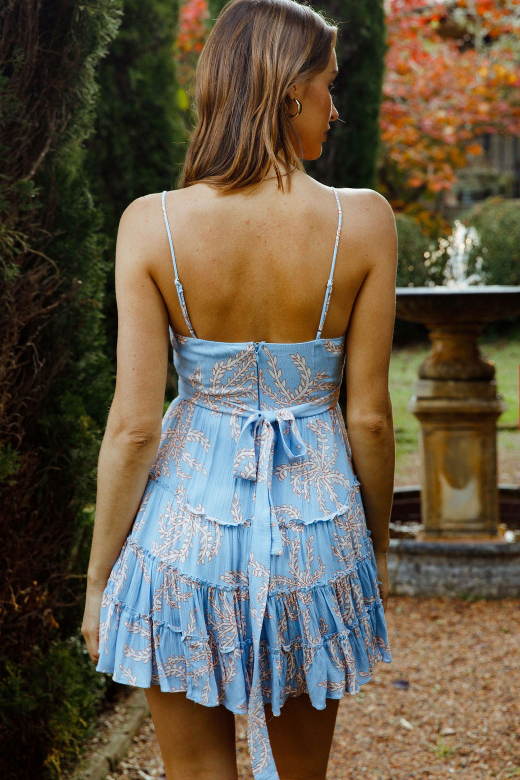 Jocelyn Cami Strap Waist Tie Ruffle Dress Leaf Print Blue by Selfie Leslie