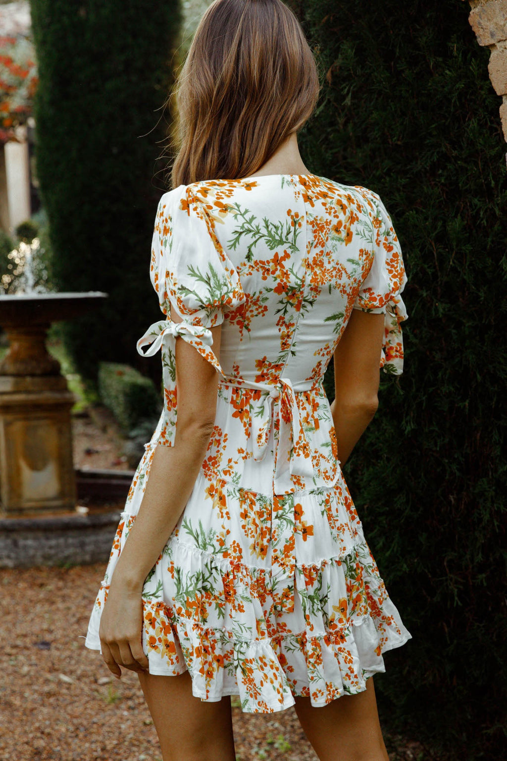 Jocelyn Short Sleeve Tied Cuff Layered Ruffle Dress Floral Print Orange Multi by Selfie Leslie