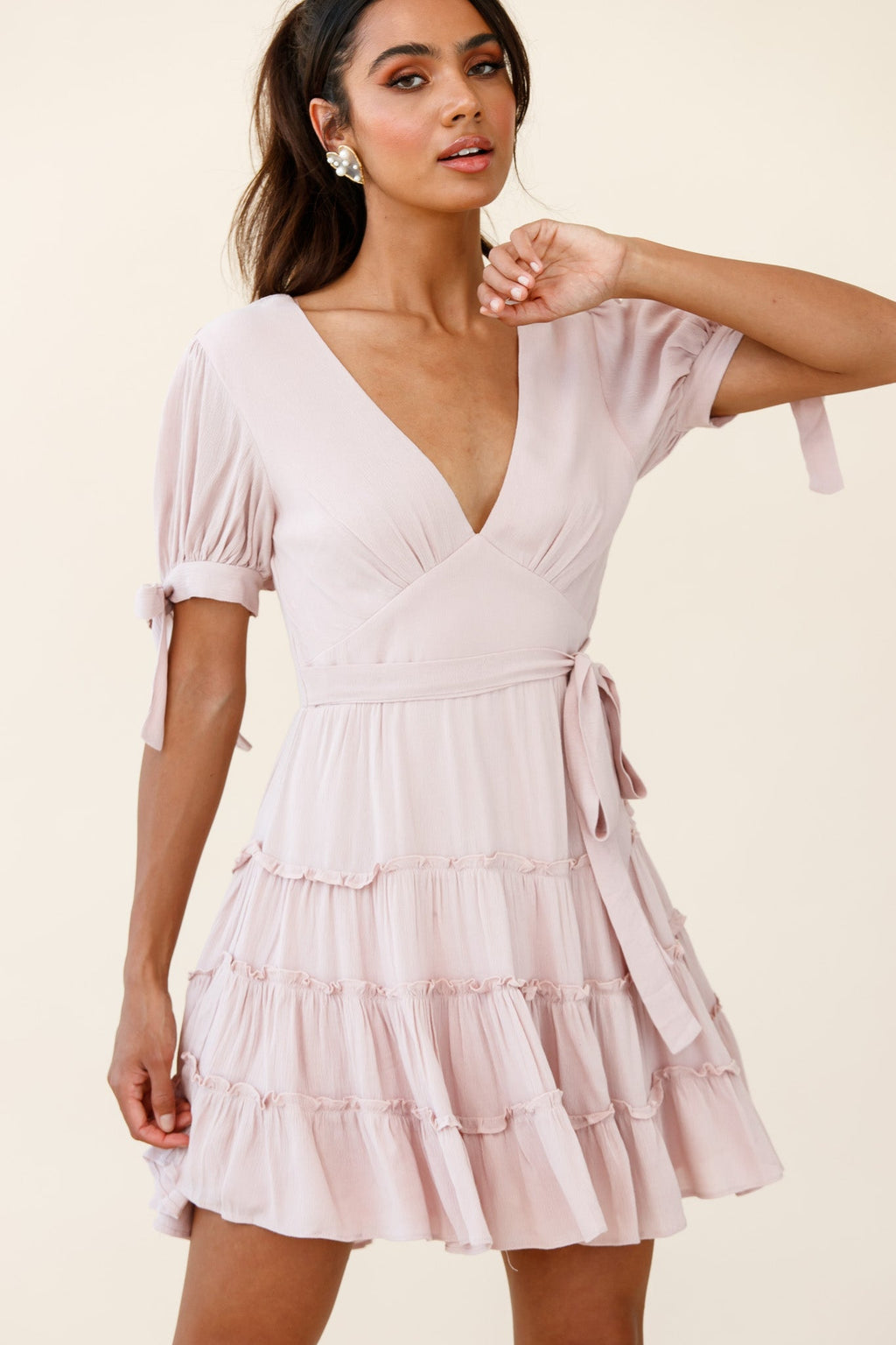 Jocelyn Short Sleeve Tied Cuff Layered Ruffle Dress Nude by Selfie Leslie