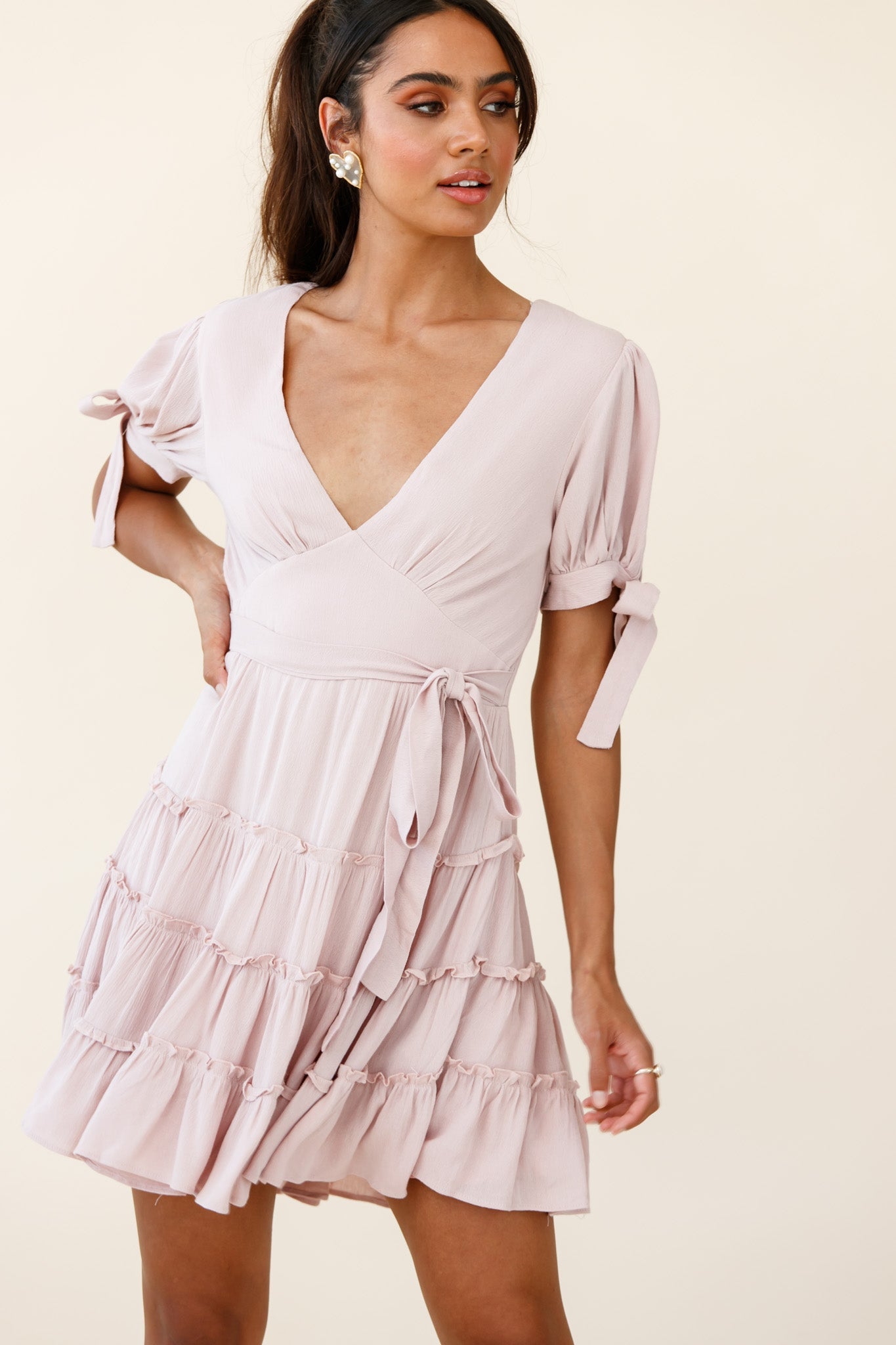 Jocelyn Short Sleeve Tied Cuff Layered Ruffle Dress Nude by Selfie Leslie