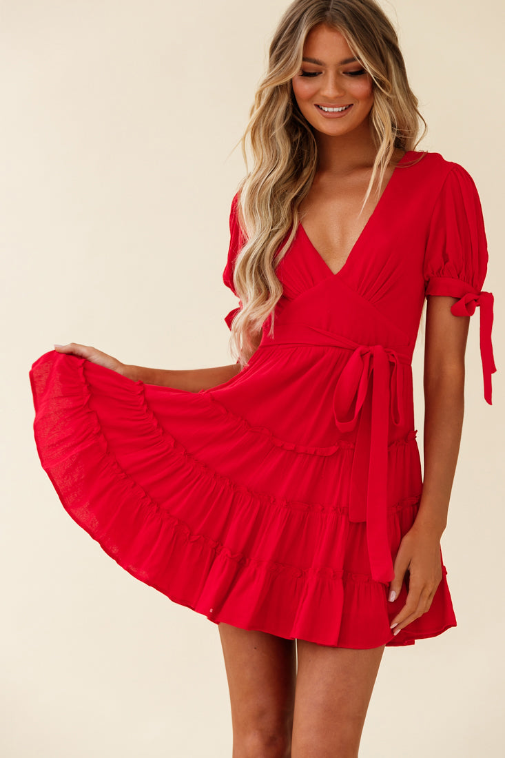 Jocelyn Short Sleeve Tied Cuff Layered Ruffle Dress Red by Selfie Leslie