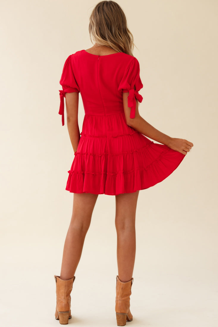 Jocelyn Short Sleeve Tied Cuff Layered Ruffle Dress Red by Selfie Leslie