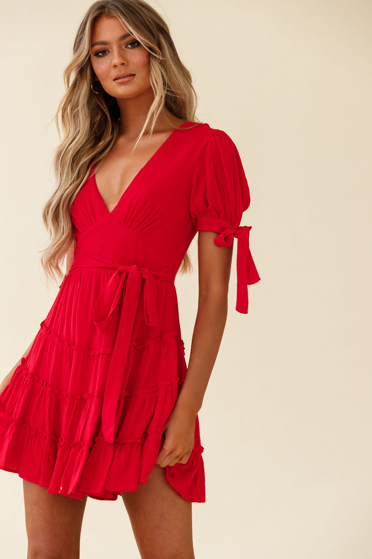 Jocelyn Short Sleeve Tied Cuff Layered Ruffle Dress Red by Selfie Leslie