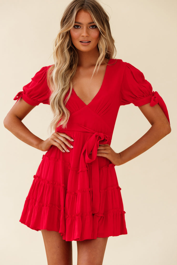 Jocelyn Short Sleeve Tied Cuff Layered Ruffle Dress Red by Selfie Leslie