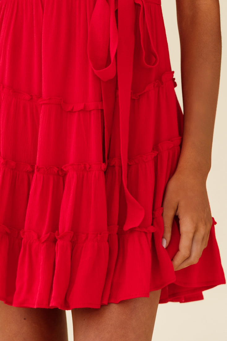 Jocelyn Short Sleeve Tied Cuff Layered Ruffle Dress Red by Selfie Leslie