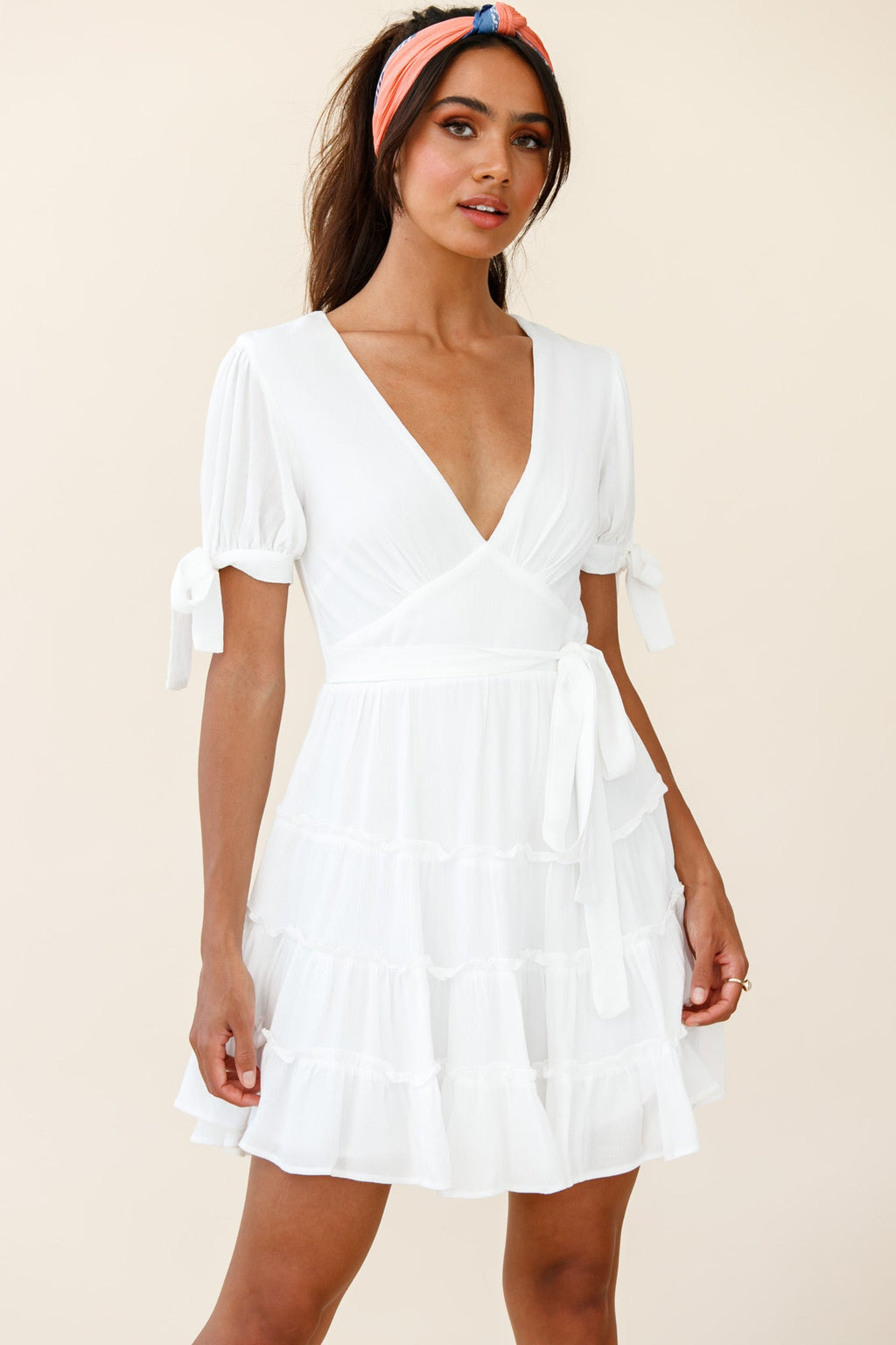 Jocelyn Short Sleeve Tied Cuff Layered Ruffle Dress White by Selfie Leslie