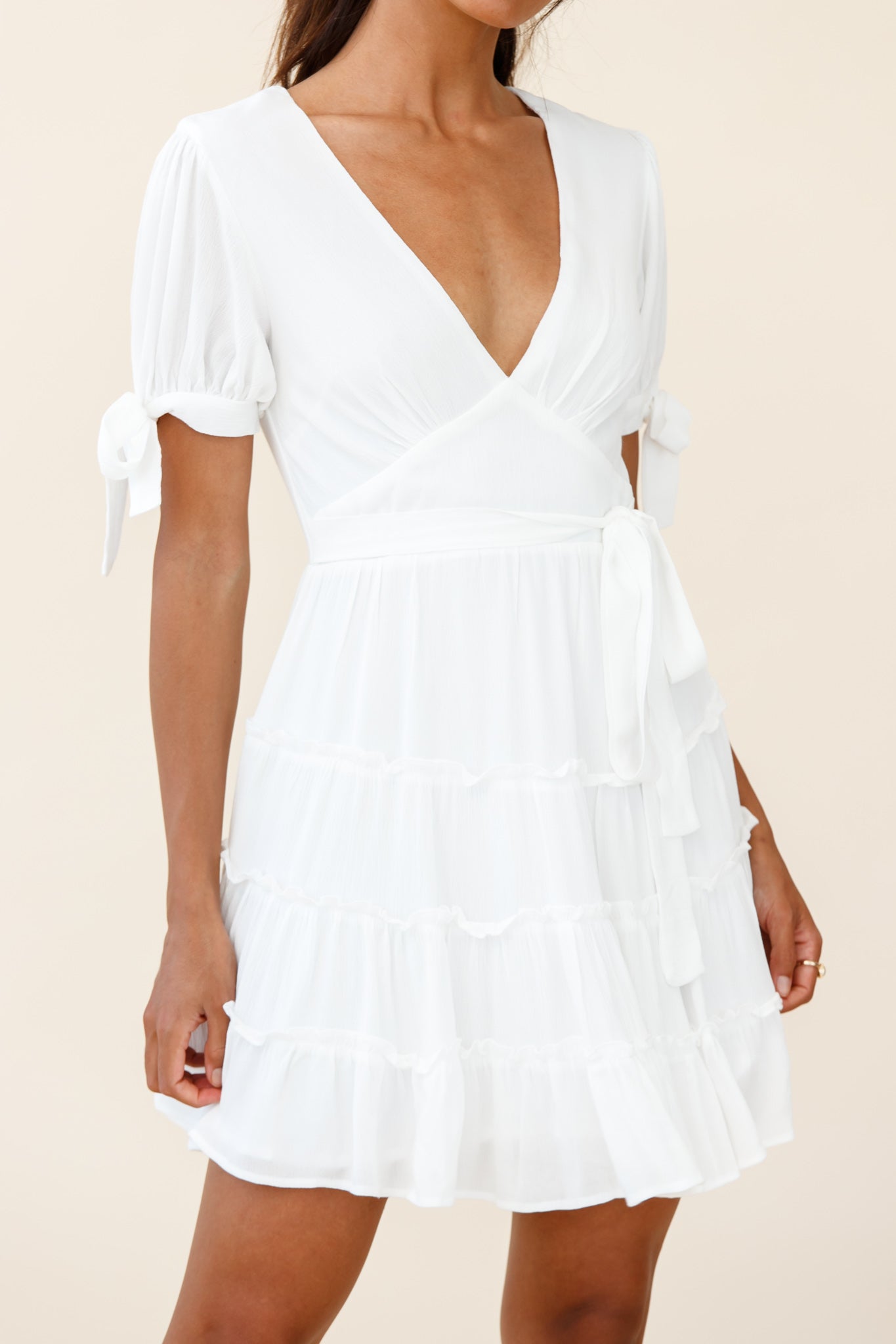 Jocelyn Short Sleeve Tied Cuff Layered Ruffle Dress White by Selfie Leslie