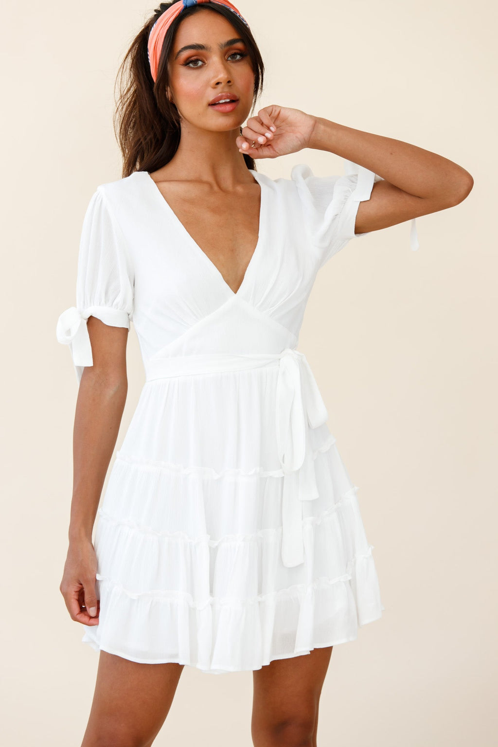 Jocelyn Short Sleeve Tied Cuff Layered Ruffle Dress White by Selfie Leslie