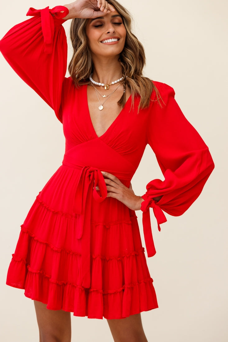 Shop the Jocelyn Long Sleeve Tied Cuff Frill Dress Red