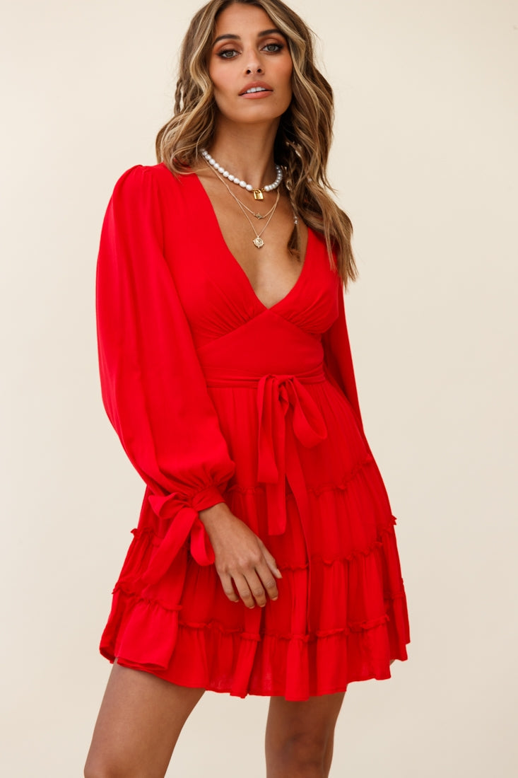 Jocelyn Long Sleeve Tied Cuff Frill Dress Red by Selfie Leslie