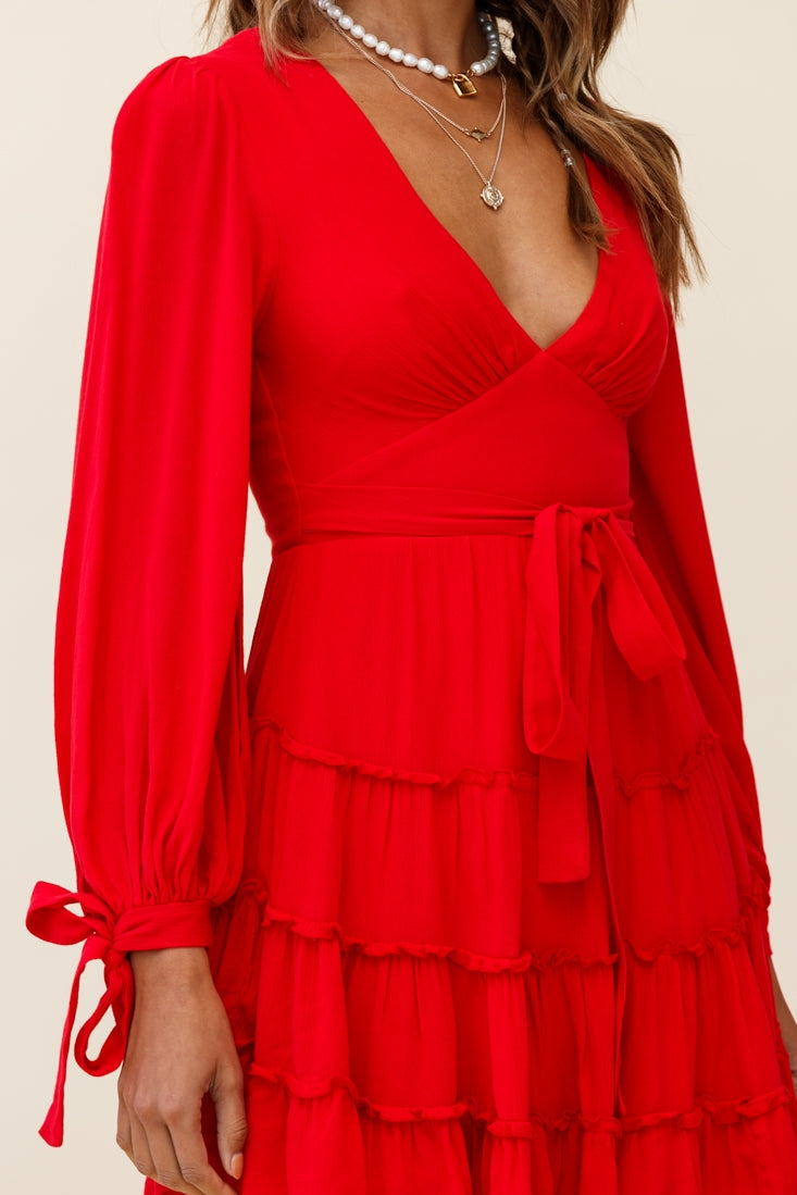 Shop the Jocelyn Long Sleeve Tied Cuff Frill Dress Red
