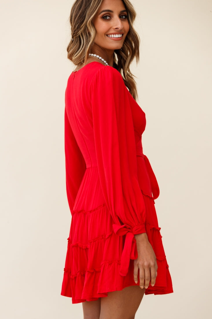 Jocelyn Long Sleeve Tied Cuff Frill Dress Red by Selfie Leslie