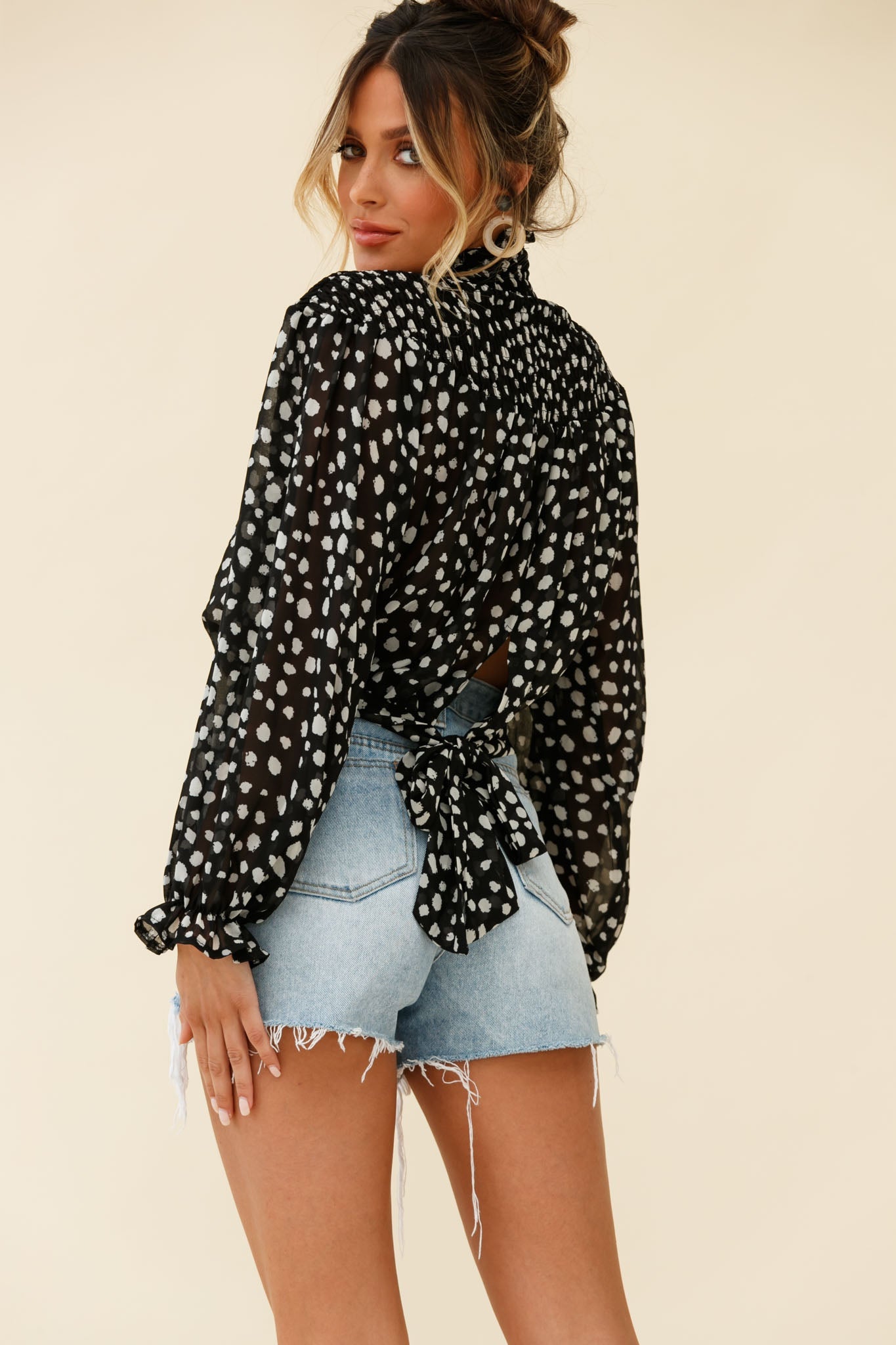 Sparrow High Neck Shirred Blouse Spot Print Black by Selfie Leslie