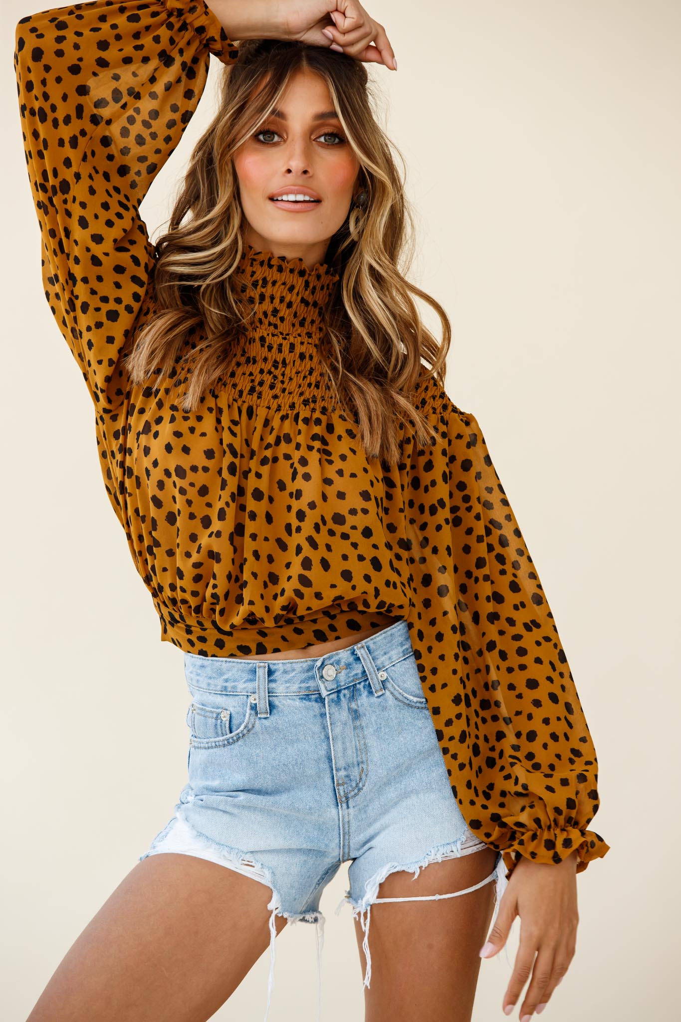 Sparrow High Neck Shirred Blouse Spot Print Brown by Selfie Leslie