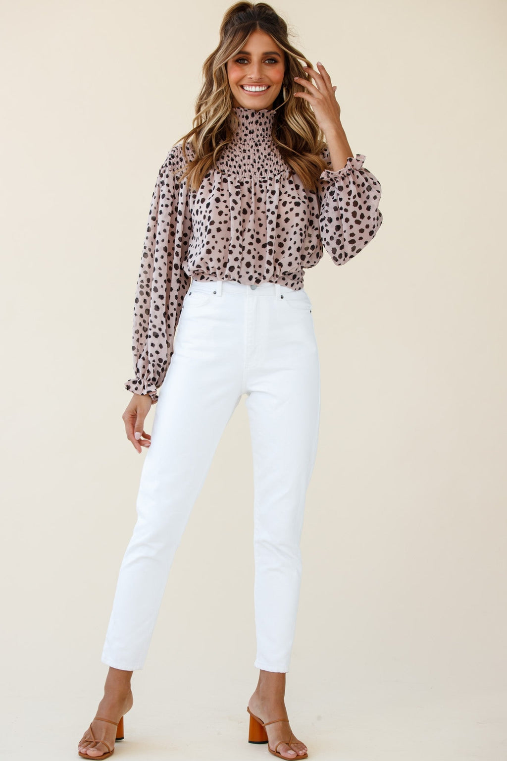 Sparrow High Neck Shirred Blouse Spot Print Dusty Pink by Selfie Leslie
