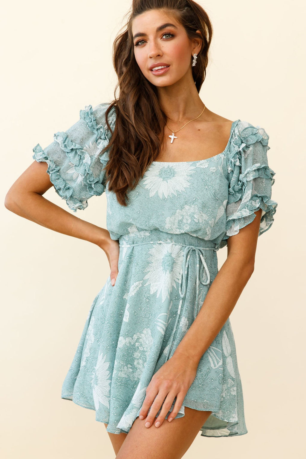 Rosa Short Sleeve Frill Accent Dress Floral Print Sage by Selfie Leslie
