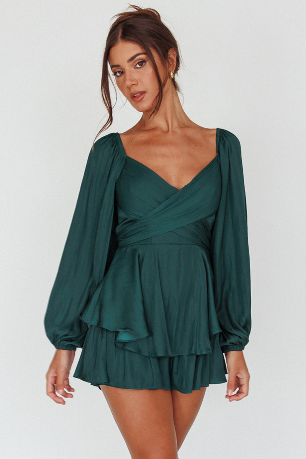 It's Complicated Long Sleeve Flounce Romper Forest Green by Selfie Leslie Australia