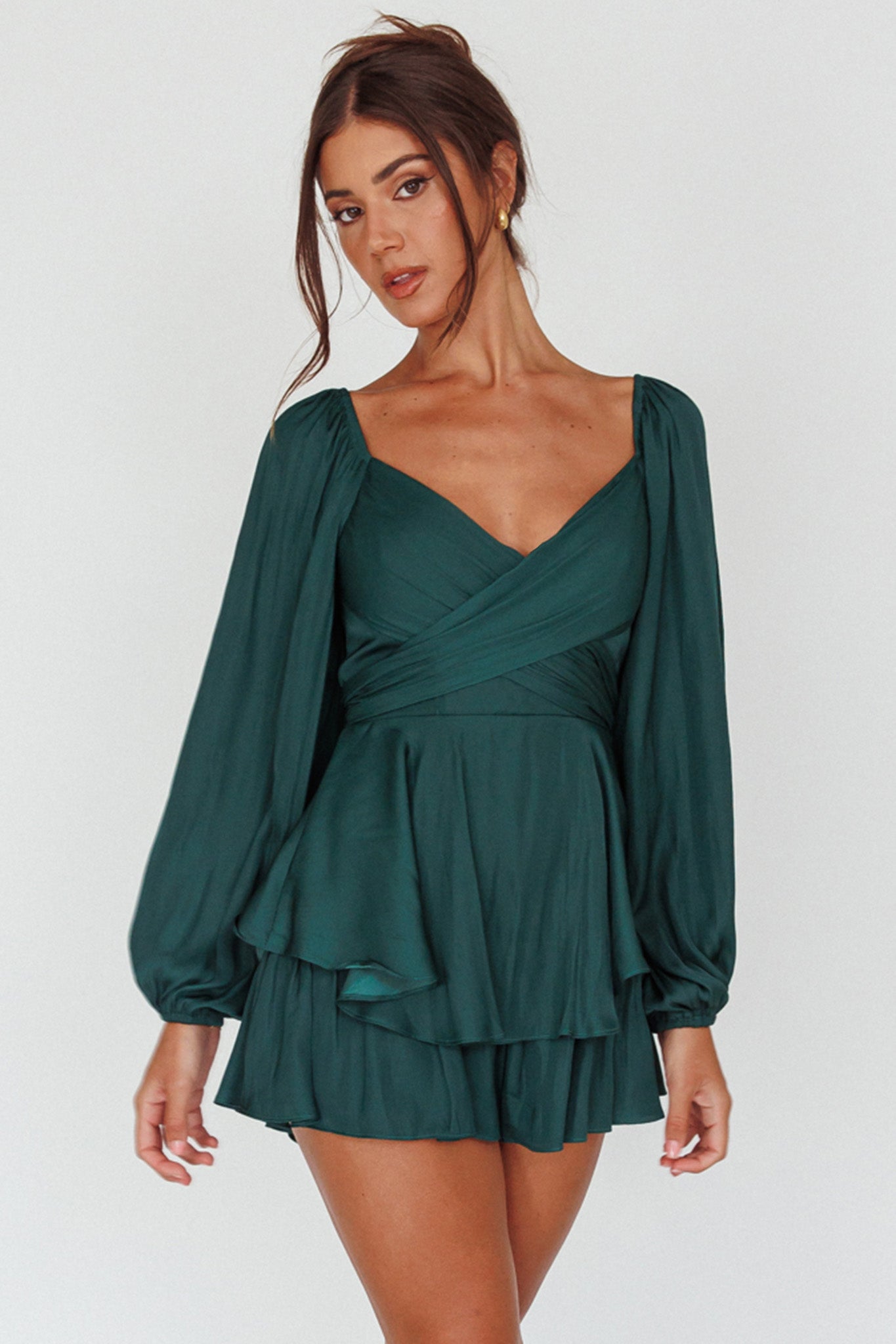 It's Complicated Long Sleeve Flounce Romper Forest Green by Selfie Leslie Australia