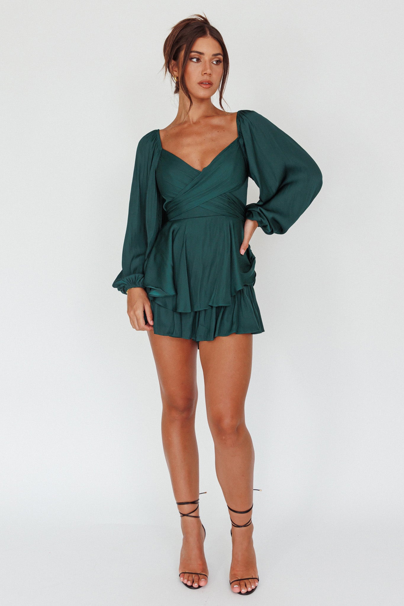 It's Complicated Long Sleeve Flounce Romper Forest Green by Selfie Leslie Australia
