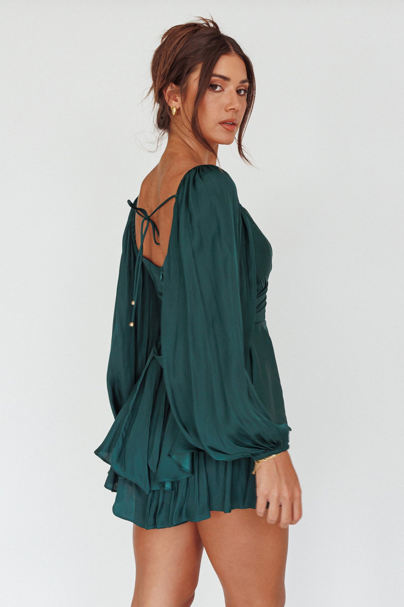 It's Complicated Long Sleeve Flounce Romper Forest Green by Selfie Leslie Australia