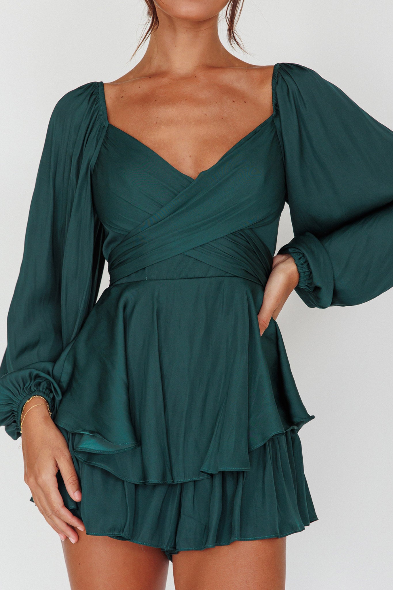 It's Complicated Long Sleeve Flounce Romper Forest Green by Selfie Leslie Australia