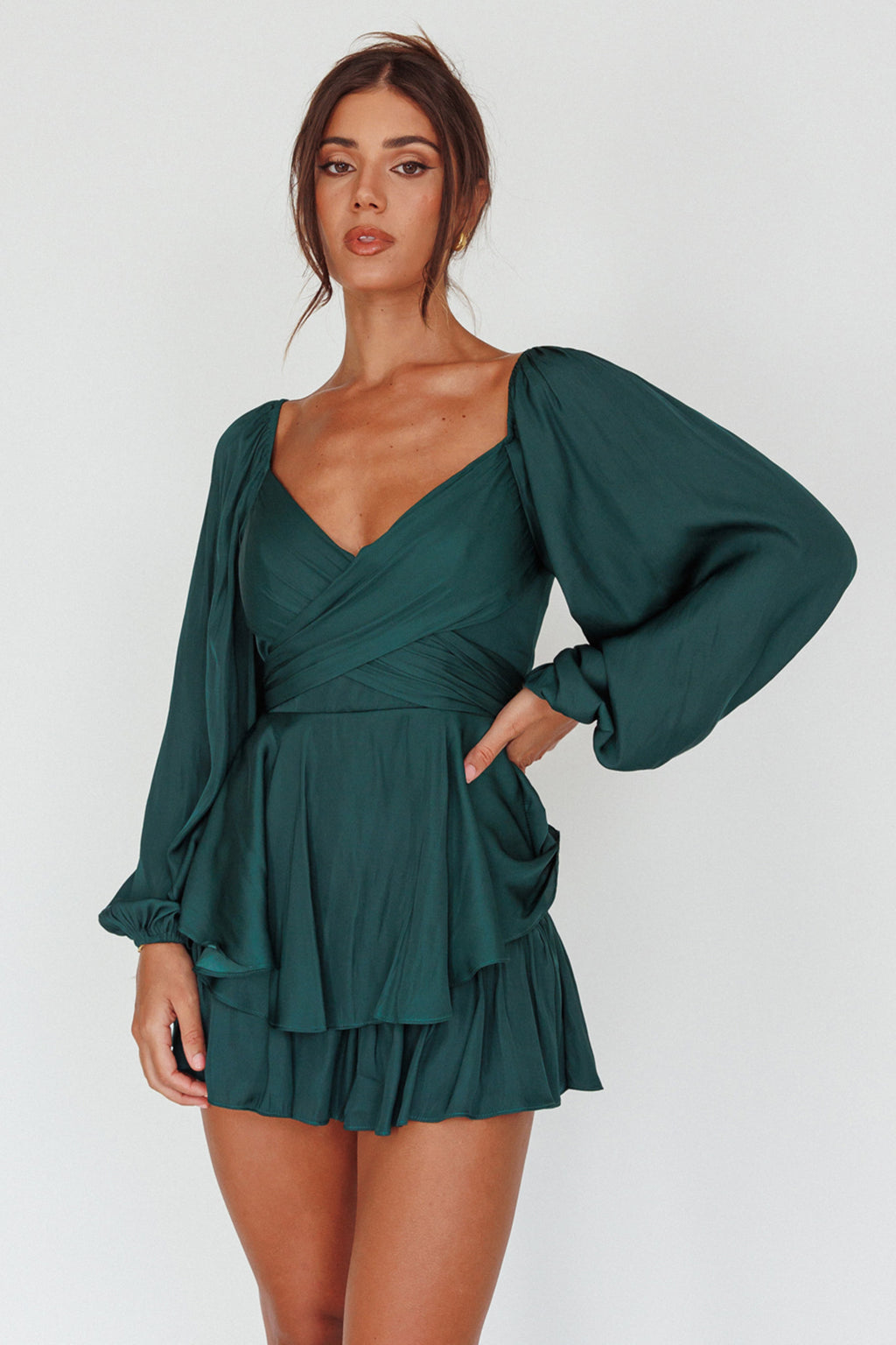 It's Complicated Long Sleeve Flounce Romper Forest Green by Selfie Leslie Australia
