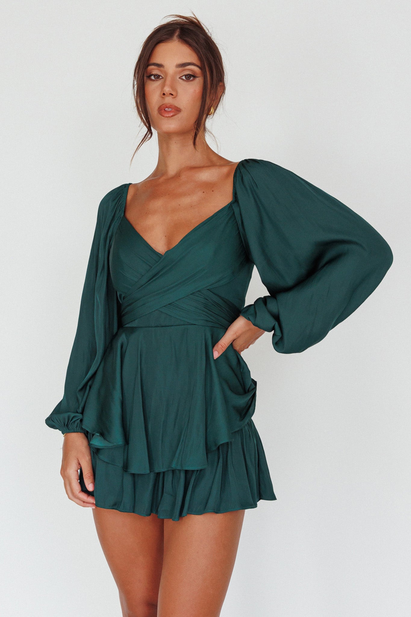 It's Complicated Long Sleeve Flounce Romper Forest Green by Selfie Leslie Australia