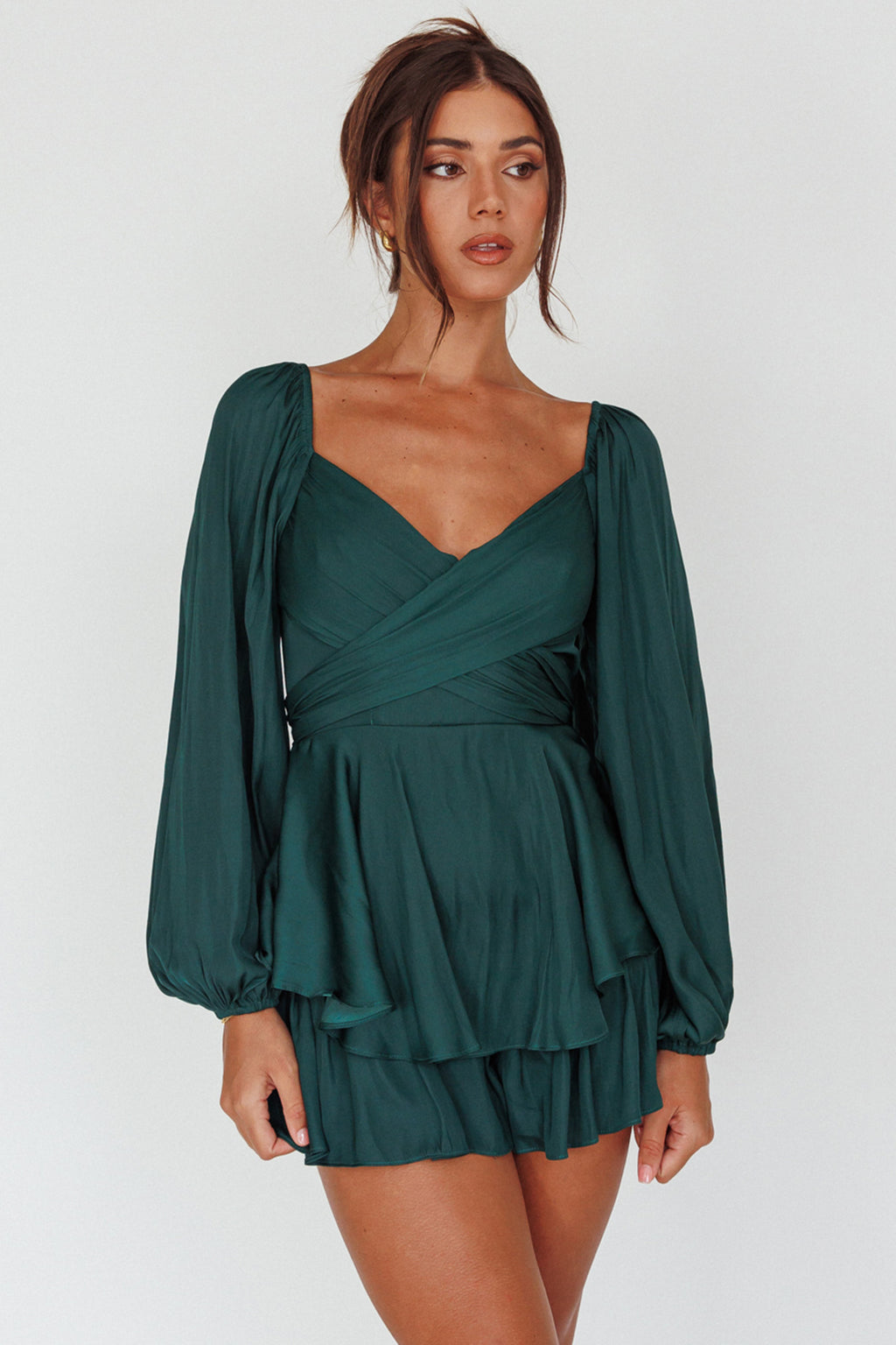 It's Complicated Long Sleeve Flounce Romper Forest Green by Selfie Leslie Australia