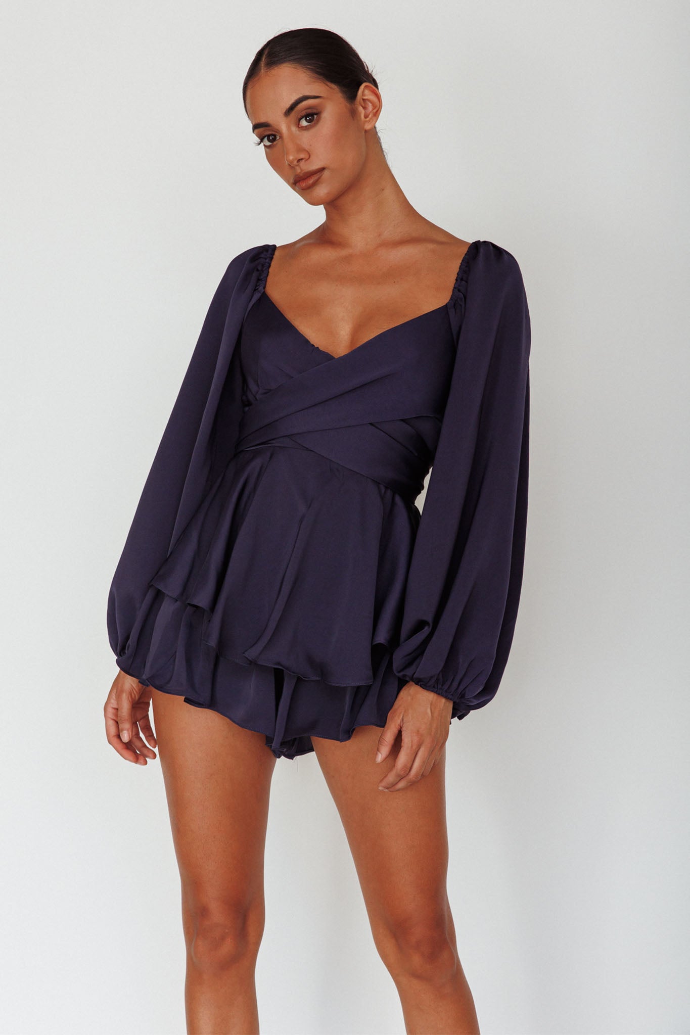 It's Complicated Long Sleeve Flounce Romper Navy by Selfie Leslie Australia
