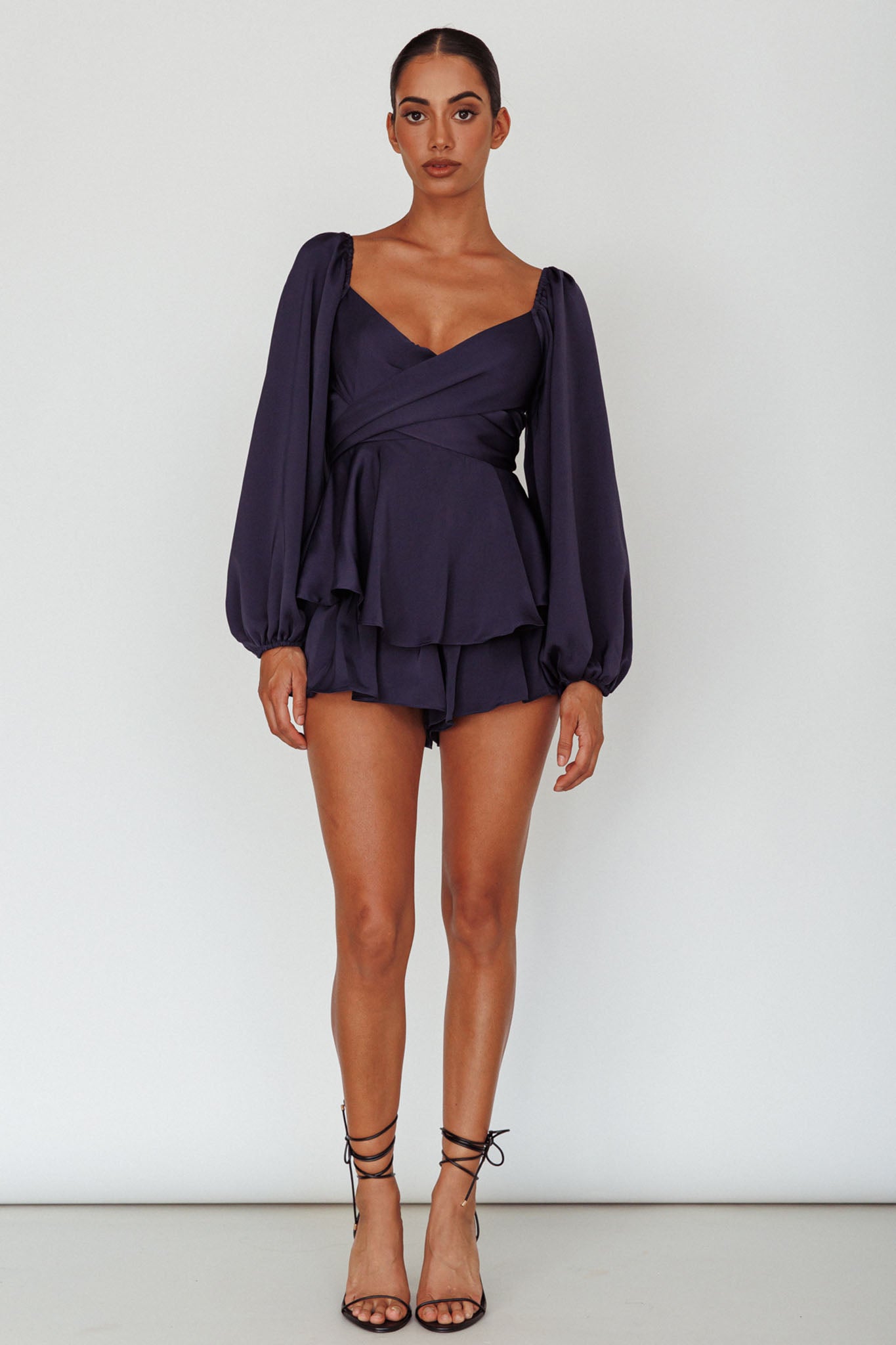 It's Complicated Long Sleeve Flounce Romper Navy by Selfie Leslie Australia